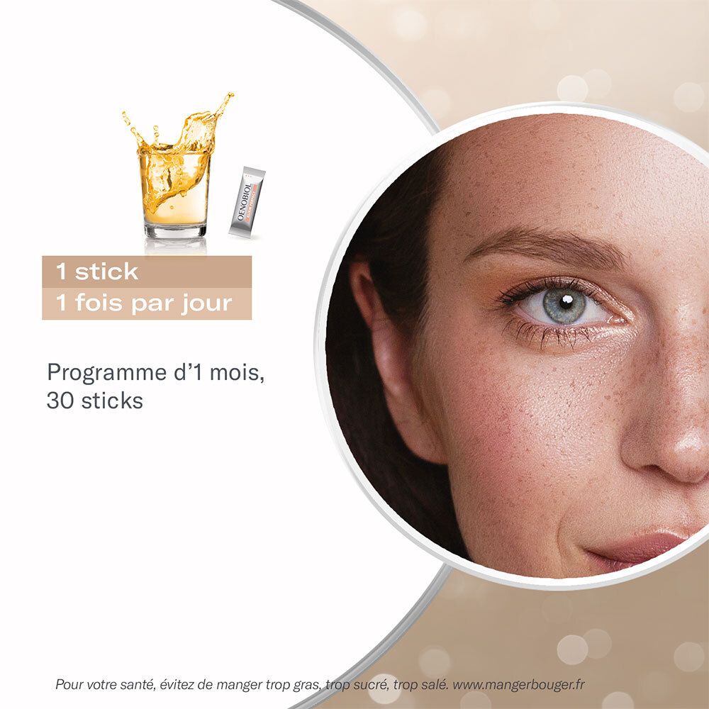 OENOBIOL ELIXIR Perfect Stick. 1 Stick pro Tag. Programm für 1 Monat. Frauengesicht. Produkt und Stick.