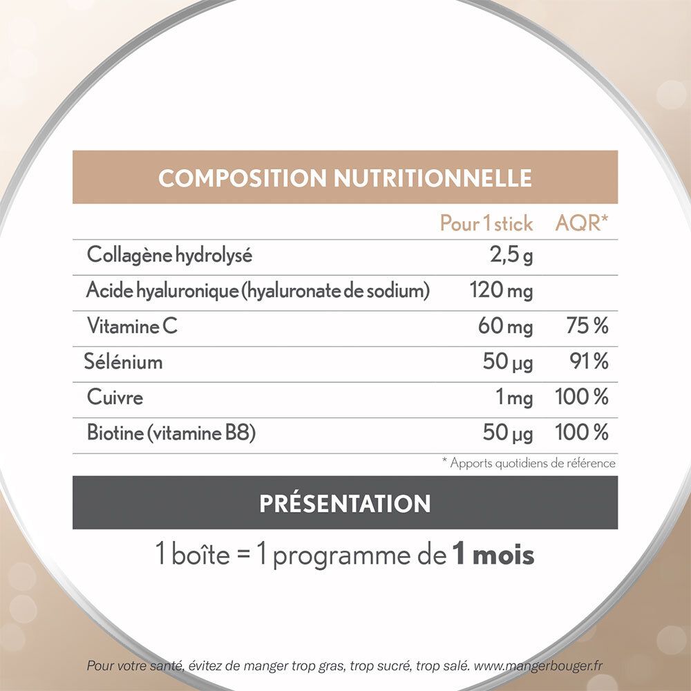 Nährwertangaben für OENOBIOL ELIXIR Perfect Stick. Inhaltsstoffe: Kollagen, Hyaluronsäure, Vitamine. 1 Monatsprogramm.