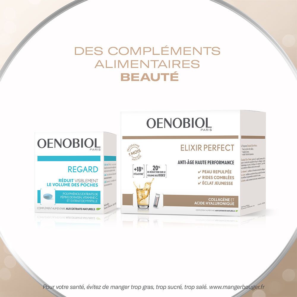 OENOBIOL ELIXIR Perfect Stick und Regard. Anti-Aging- und Augenpflege. Verpackungen und Logos.