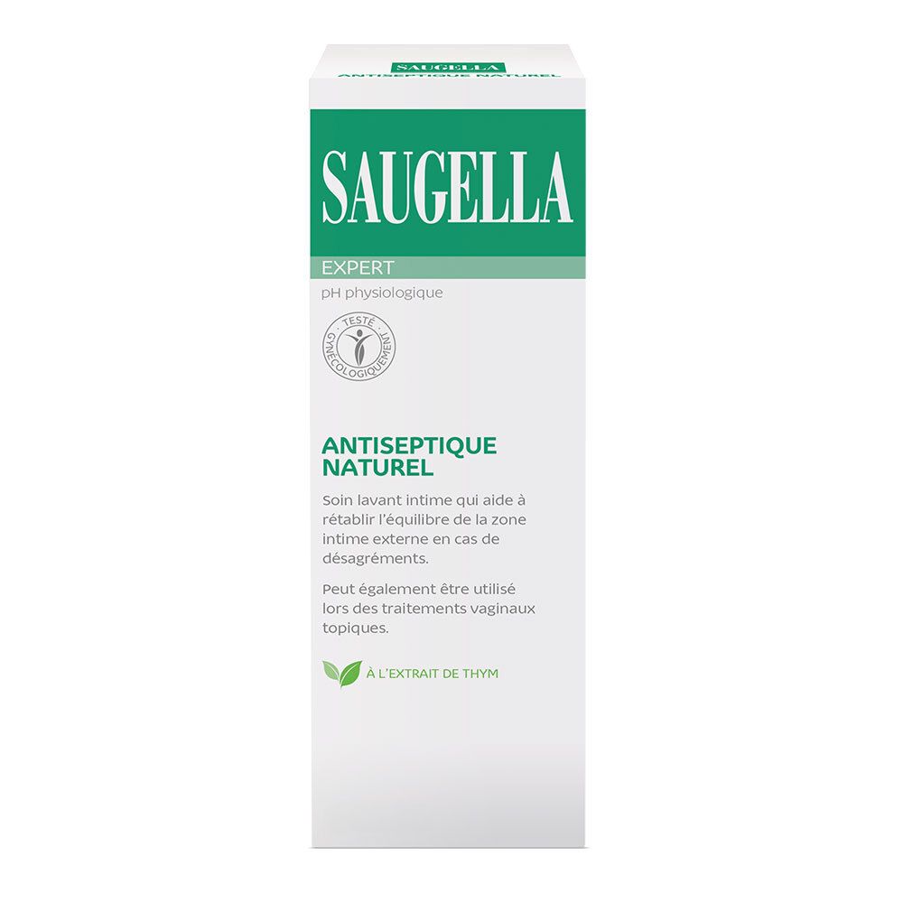 Weißer Karton mit grünem Logo und Text. Produktname: Saugella. Text: Antiseptique Naturel.