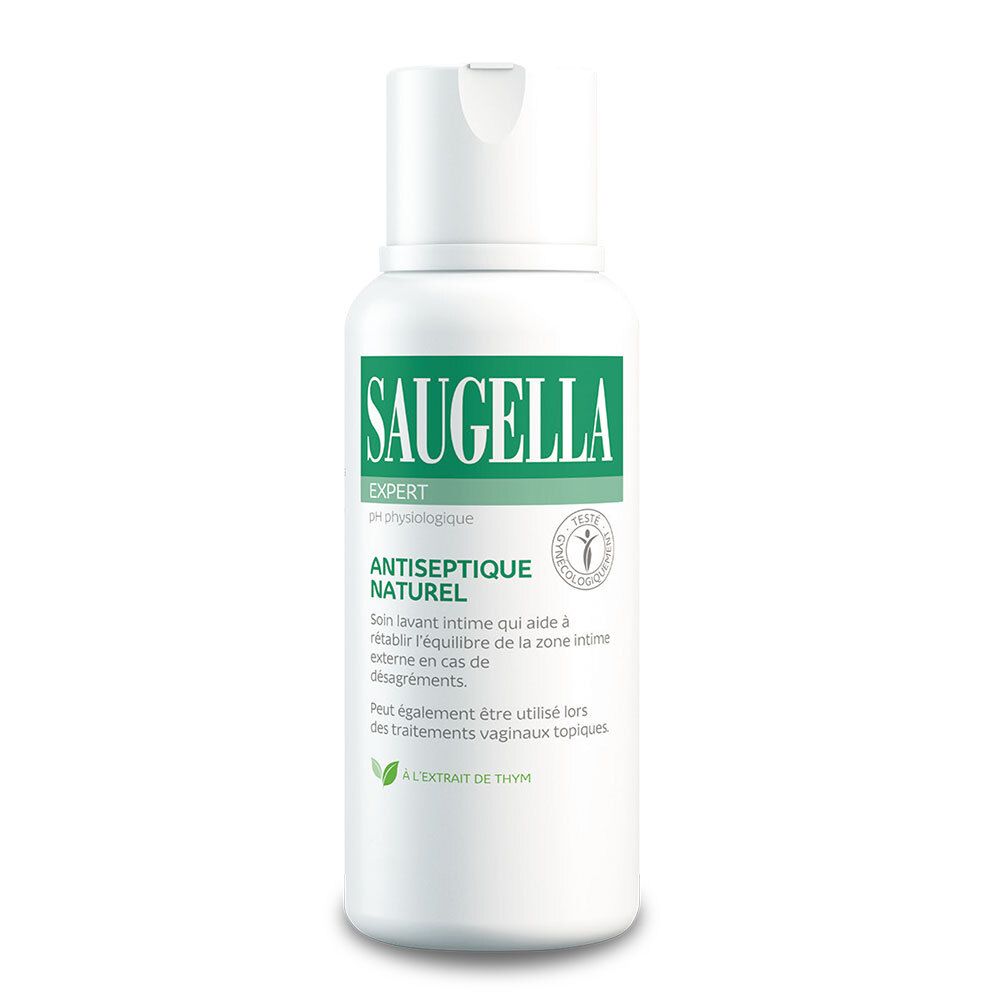 Weiße Flasche mit grünem Etikett. Produktname: Saugella. Text: Antiseptique Naturel. Weißer Deckel.