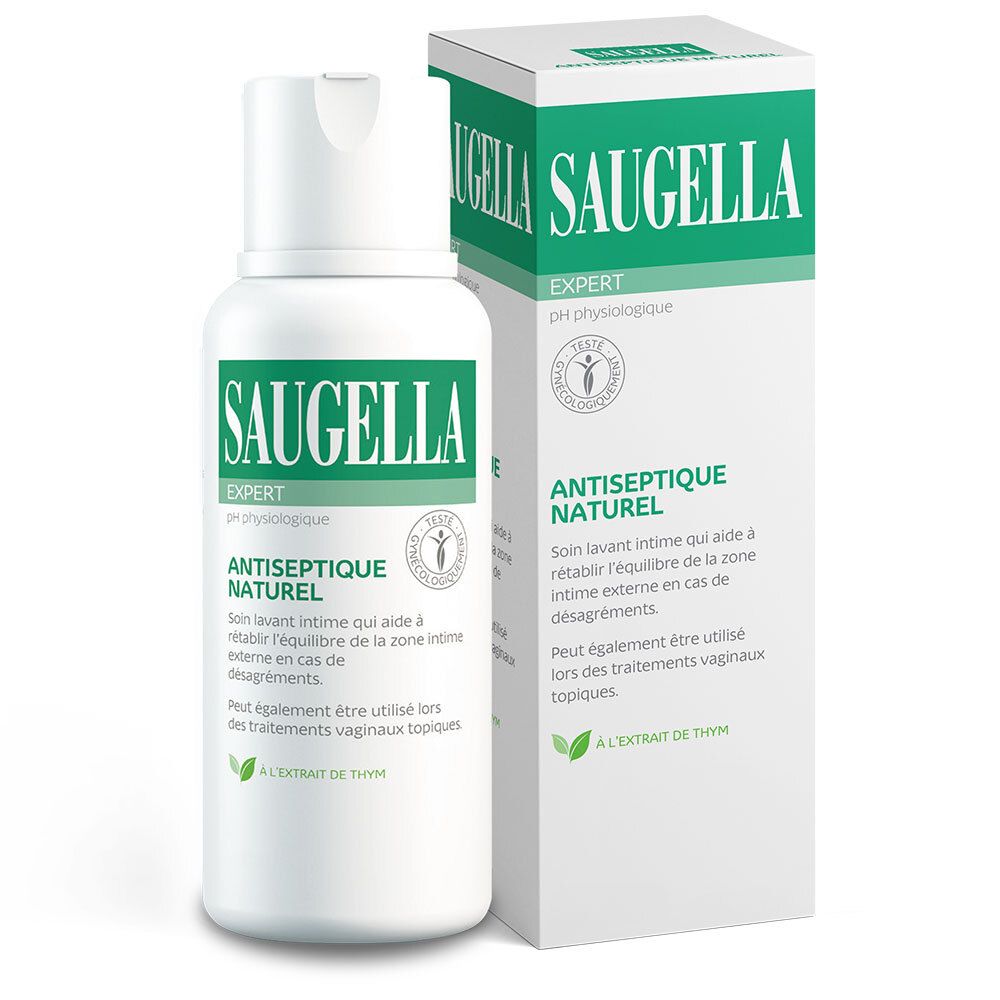 Flasche und Karton. Produktname: Saugella. Text: Antiseptique Naturel. Flasche weiß, Etikett grün. Karton weiß, grün.