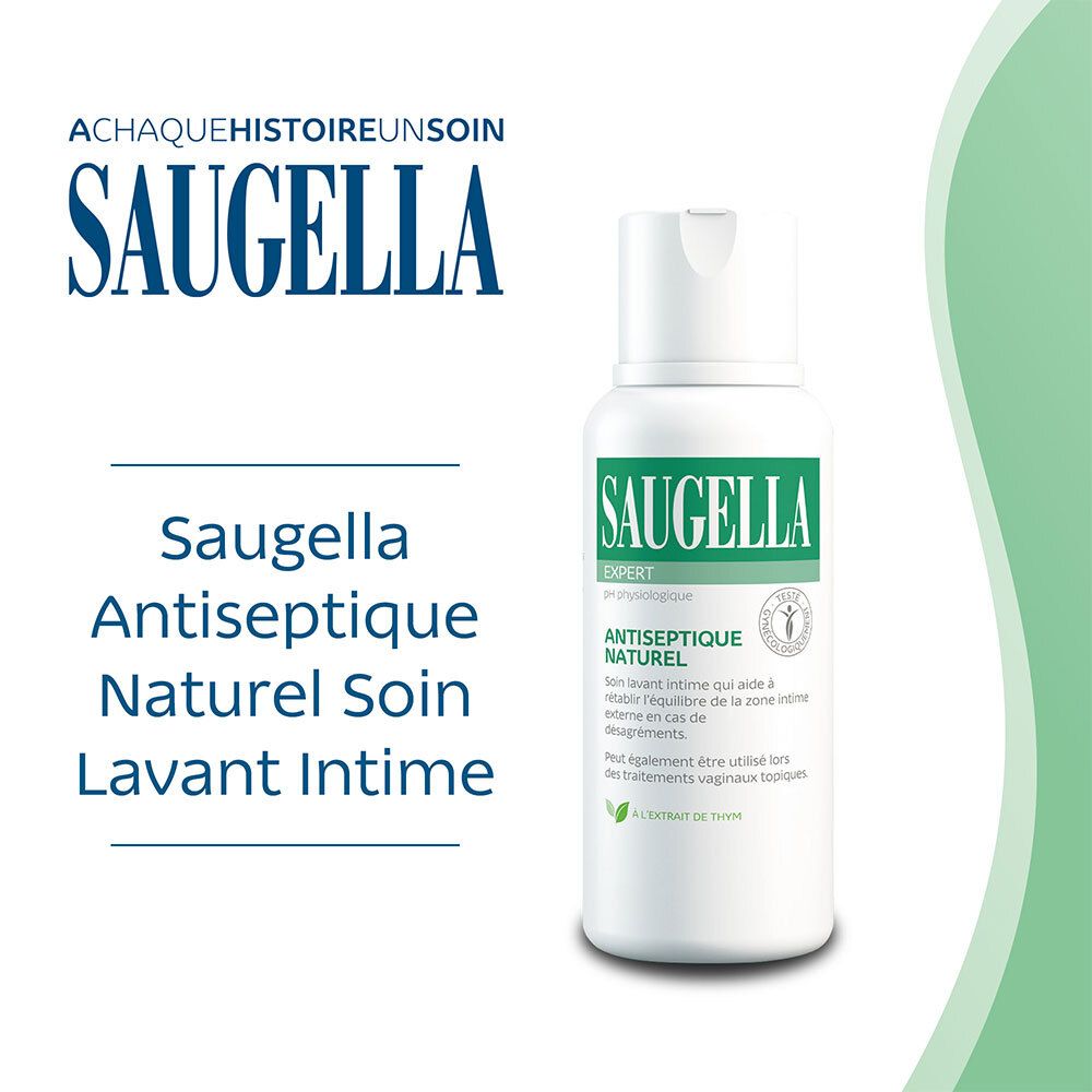 Produktname: Saugella. Text: Antiseptique Naturel. Flasche und Text auf blauem Hintergrund. Weißer Deckel.