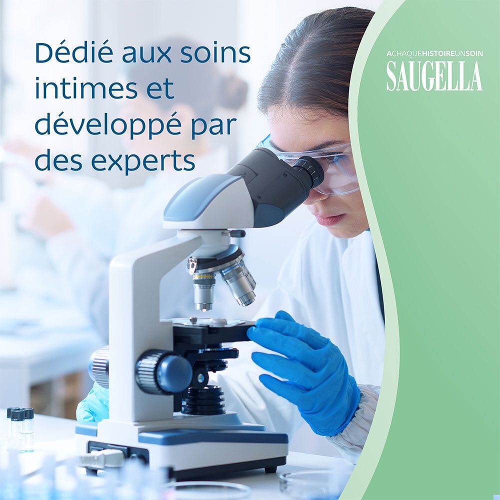 Wissenschaftlerin mit Mikroskop. Text: Saugella. Hintergrund: Labor. Text: Dédié aux soins intimes et développé par des experts.