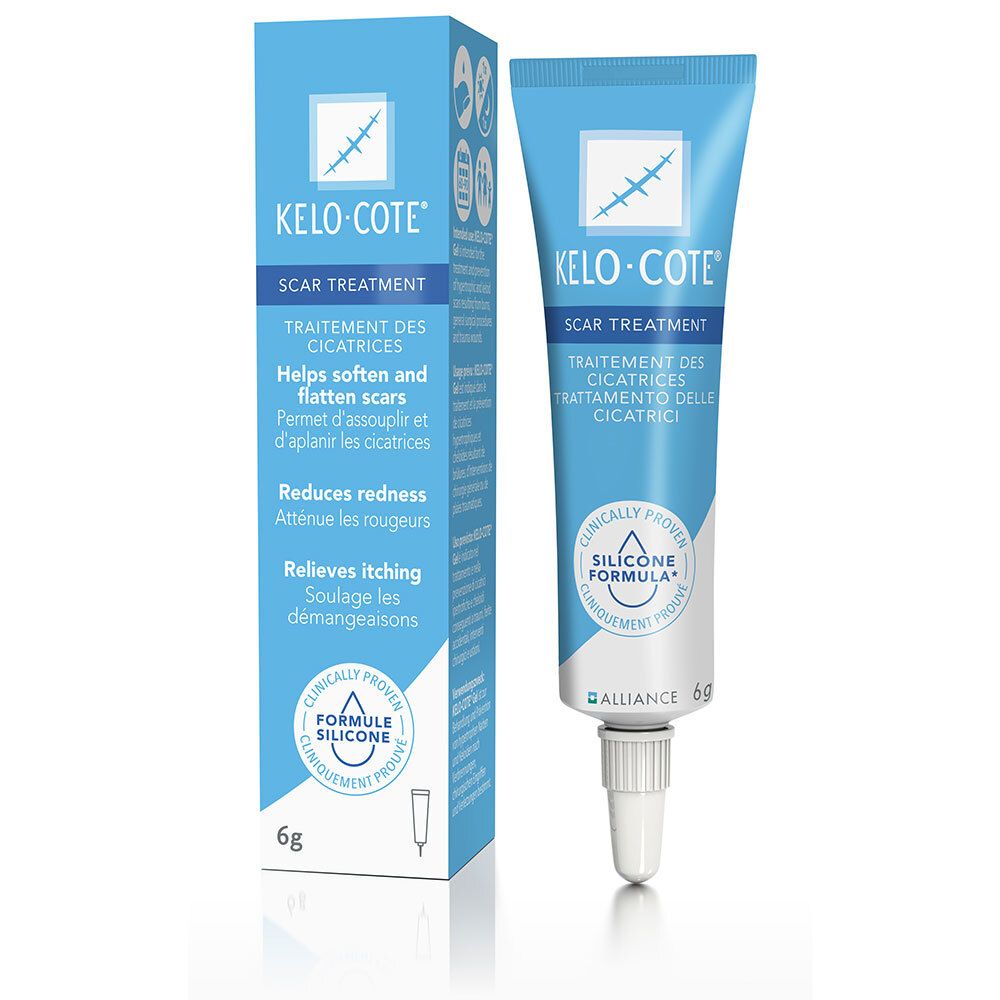 Tube et boîte de gel Kelo-Cote pour le traitement des cicatrices. Emballage bleu avec texte. 6g.