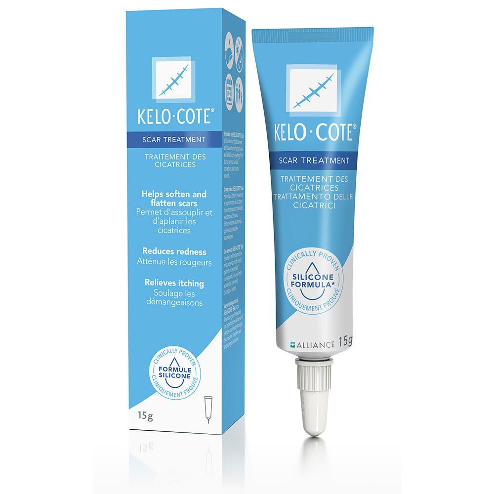 Tube et boîte KELO-COTE®. Traitement des cicatrices. Emballage bleu, texte blanc et logo.