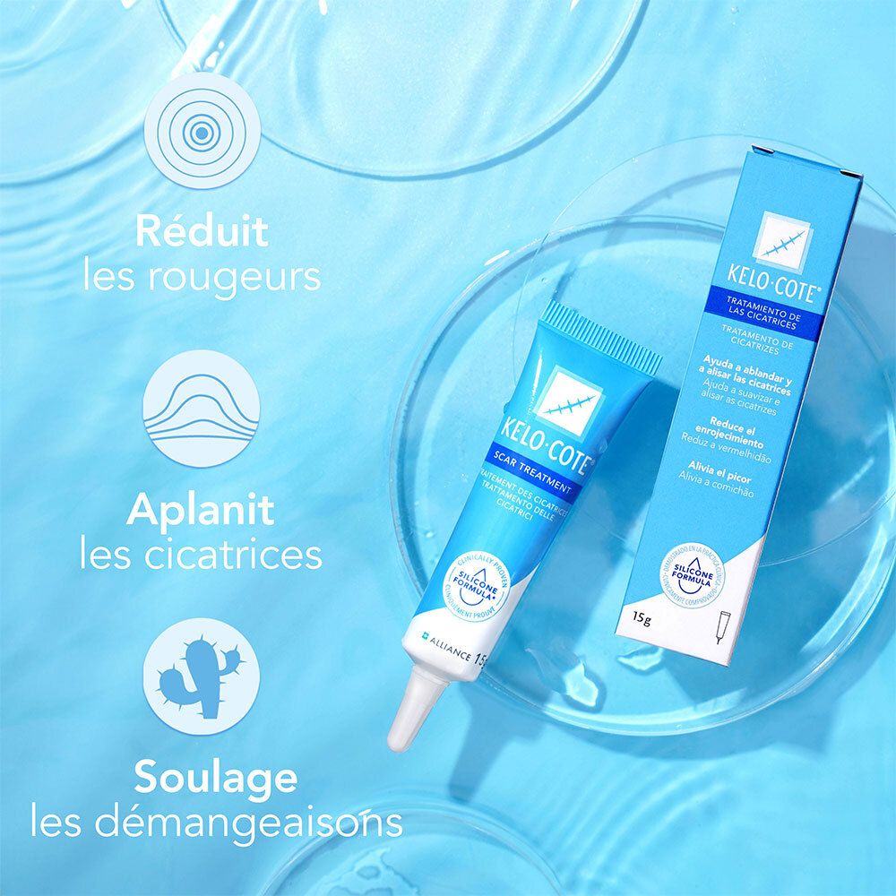 Graphique avec symboles : réduit rougeurs, atténue cicatrices, soulage démangeaisons. Tube Kelo-Cote.