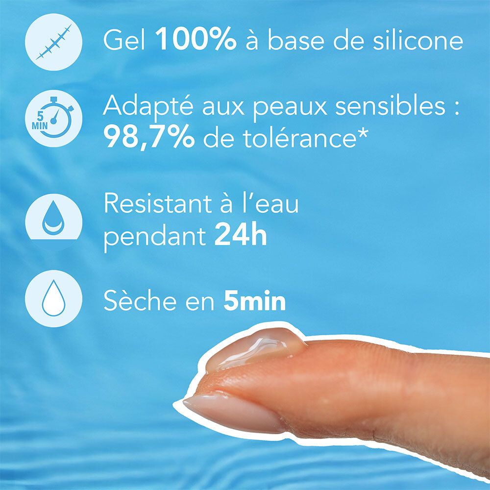 Gel sur doigt. Texte : 100% à base de silicone, peaux sensibles, résistant à l'eau, sèche vite.
