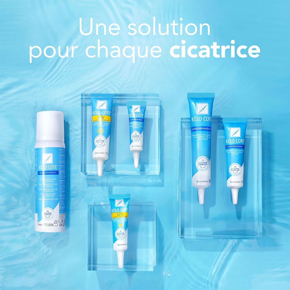 Divers produits Kelo-Cote sur blocs de verre. Emballage bleu, noms de produits visibles.