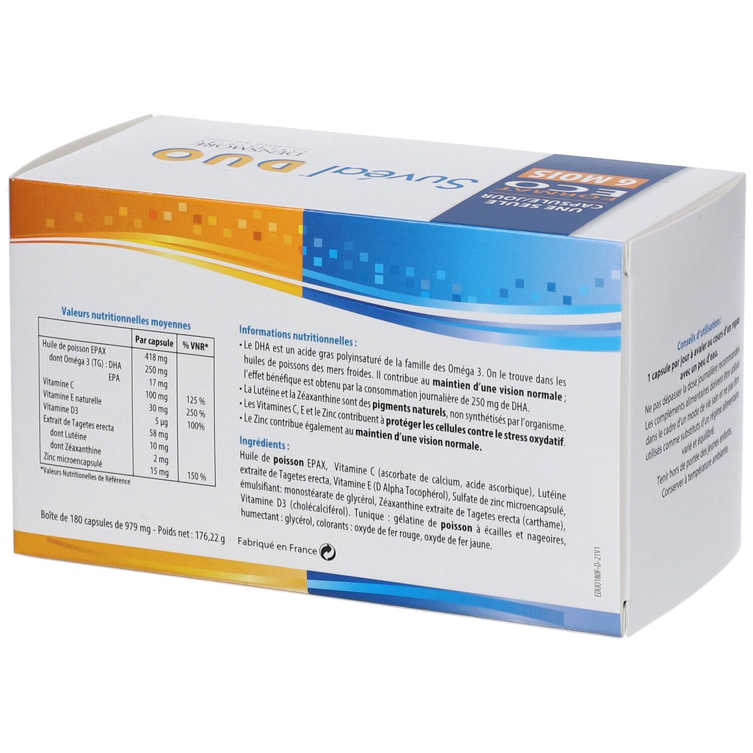 Dos de la boîte Suvéal DUO. Contient informations nutritionnelles et ingrédients. Texte : 180 capsules, 179 g.