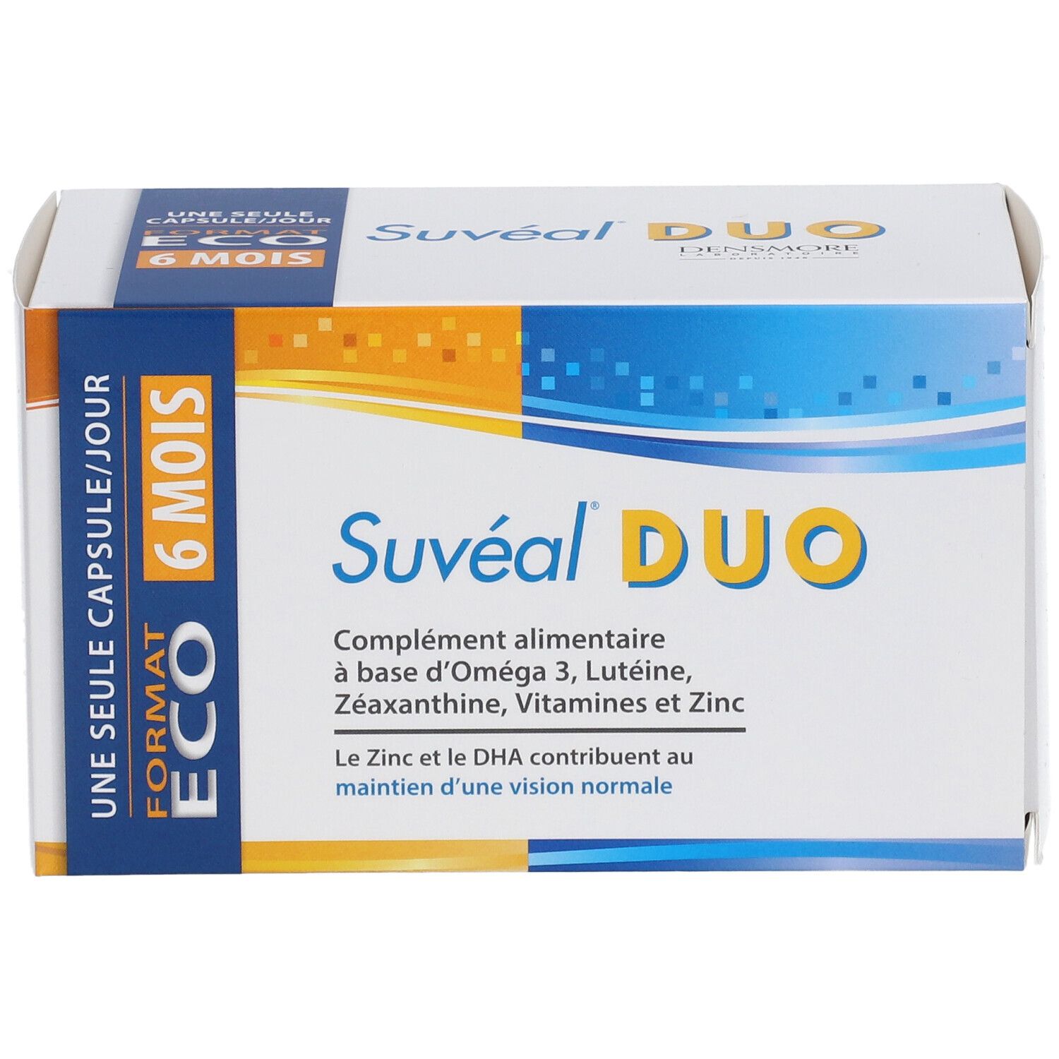 Boîte Suvéal DUO. Inscription : 6 mois, une capsule par jour. Contient Oméga 3, lutéine, zéaxanthine, vitamines et zinc.