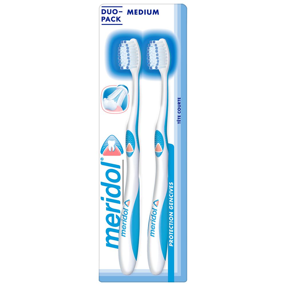 Zwei meridol® Zahnbürsten in Duo-Packung. Weiße Griffe mit blauem Akzent. Borstenköpfe mit blauen und weißen Borsten.