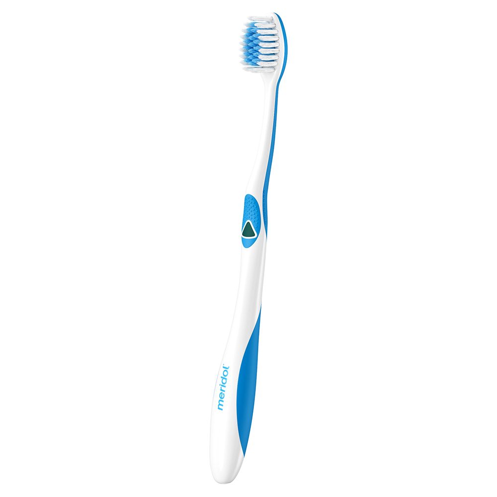 Eine meridol® Zahnbürste. Weißer Griff mit blauem Akzent. Blauer Borstenkopf.