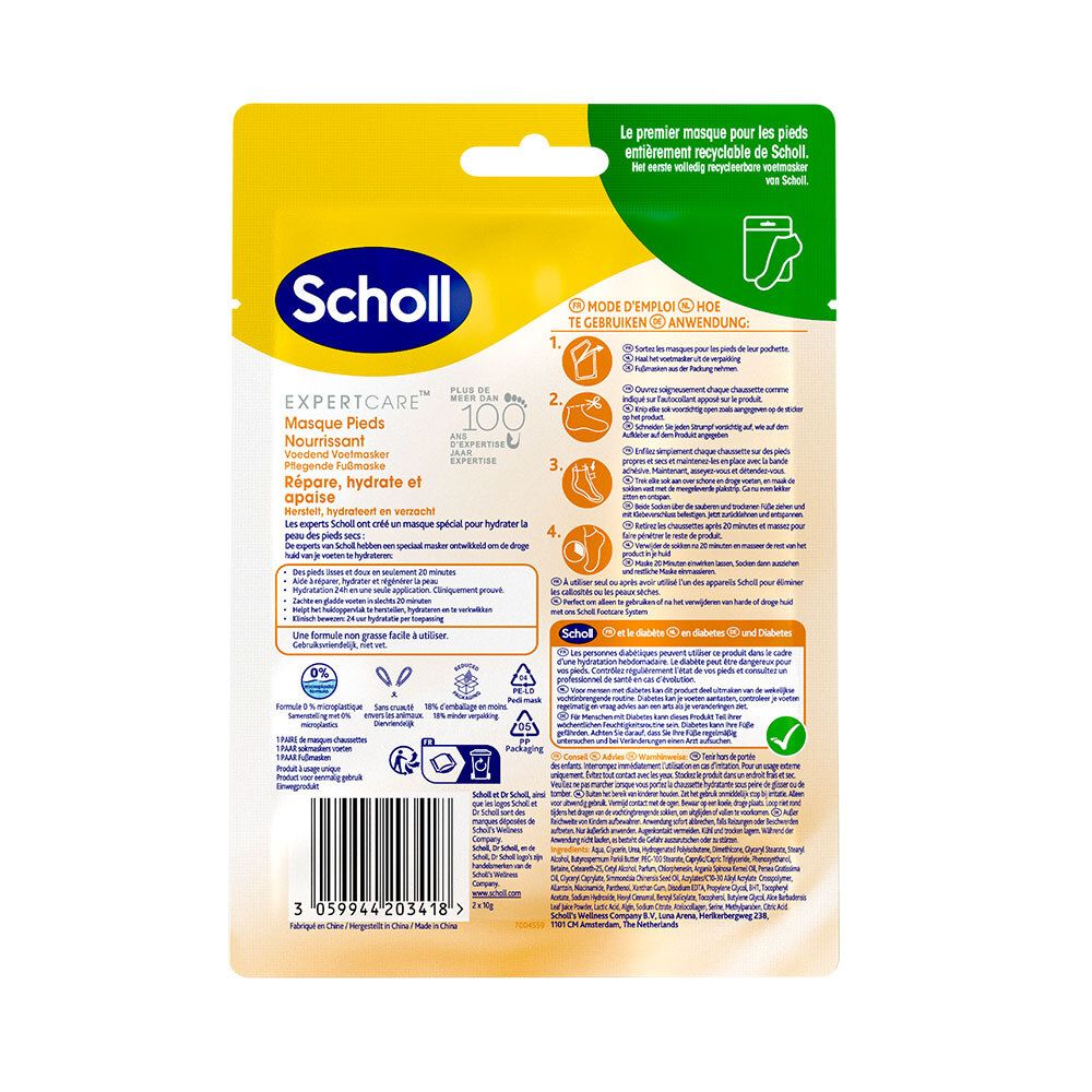 Rückseite der Verpackung mit Produktinformationen. Text: Scholl, ExpertCare, Masque Pieds Nourrissant. Gebrauchsanweisung.