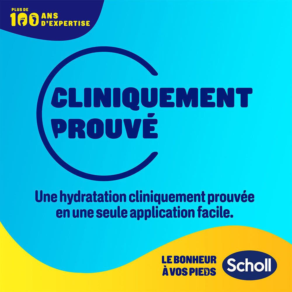 Blauer Hintergrund mit Text: Cliniquement Prouvé. Eine klinisch nachgewiesene Feuchtigkeit in einer einfachen Anwendung. Scholl Logo.