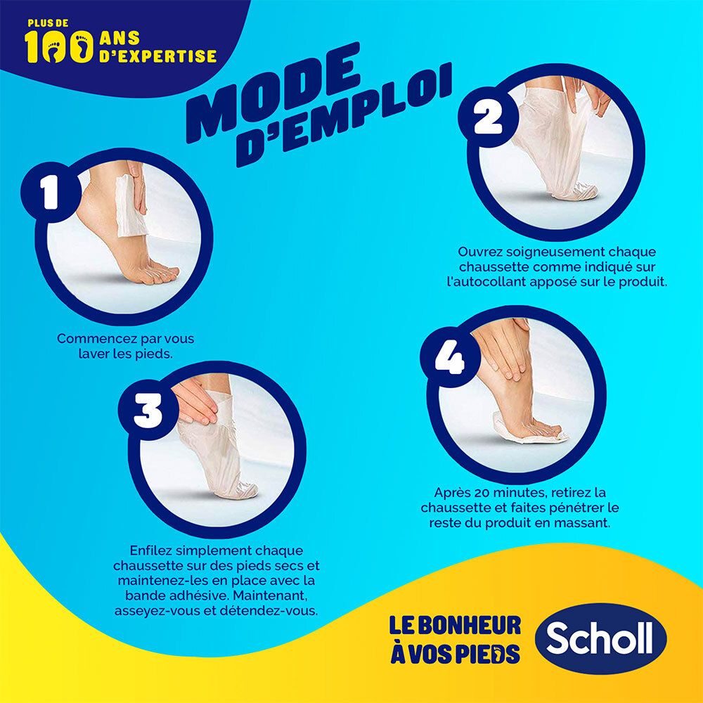 Anleitung mit vier Schritten. Text: Mode d'emploi. Illustrationen zur Anwendung der Fußmaske. Scholl Logo.