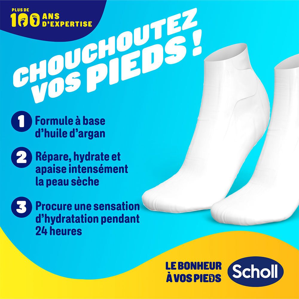 Zwei weiße Socken auf blauem Hintergrund. Text: Chouchoutez vos pieds! Formel auf Arganölbasis. Scholl Logo.
