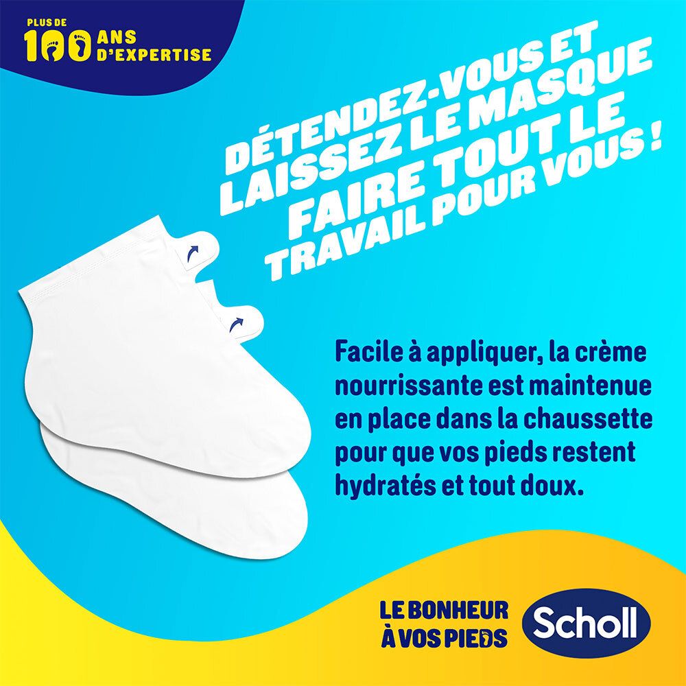 Zwei weiße Socken auf blauem Hintergrund. Text: Détendez-vous et laissez le masque faire tout le travail pour vous! Scholl Logo.