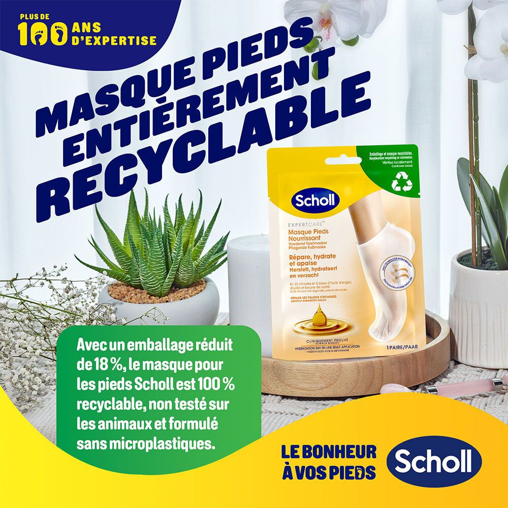 Produktverpackung mit Fußmaske, umgeben von Pflanzen. Text: Masque pieds entièrement recyclable. Scholl Logo.