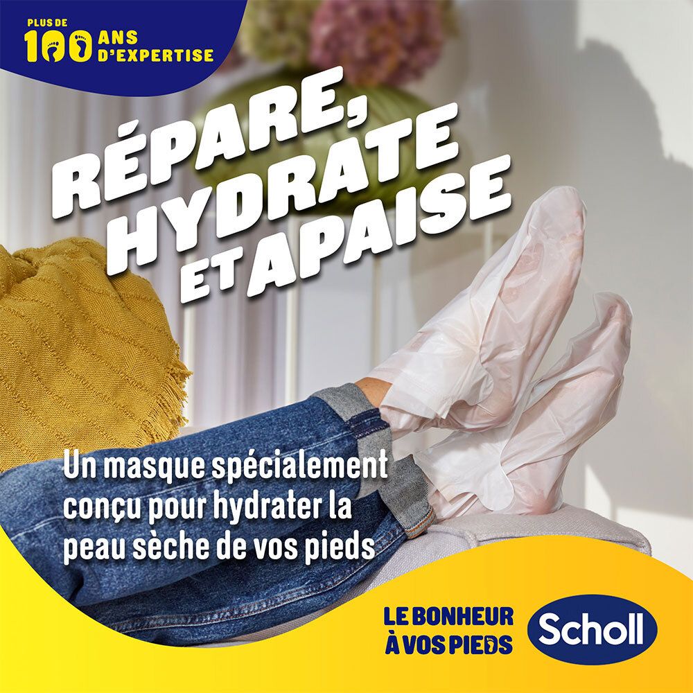 Person mit Fußmaske auf den Füßen. Text: Répare, hydrate et apaise. Ein speziell entwickeltes Maske für trockene Haut. Scholl Logo.