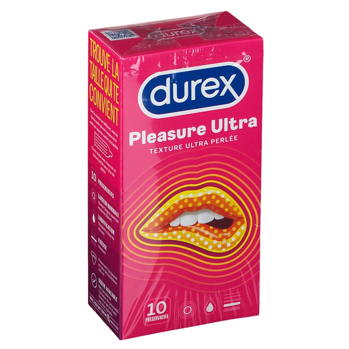 Boîte rose "durex Pleasure Ultra". Illustration de lèvres avec motif perlé. Contient 10 préservatifs.