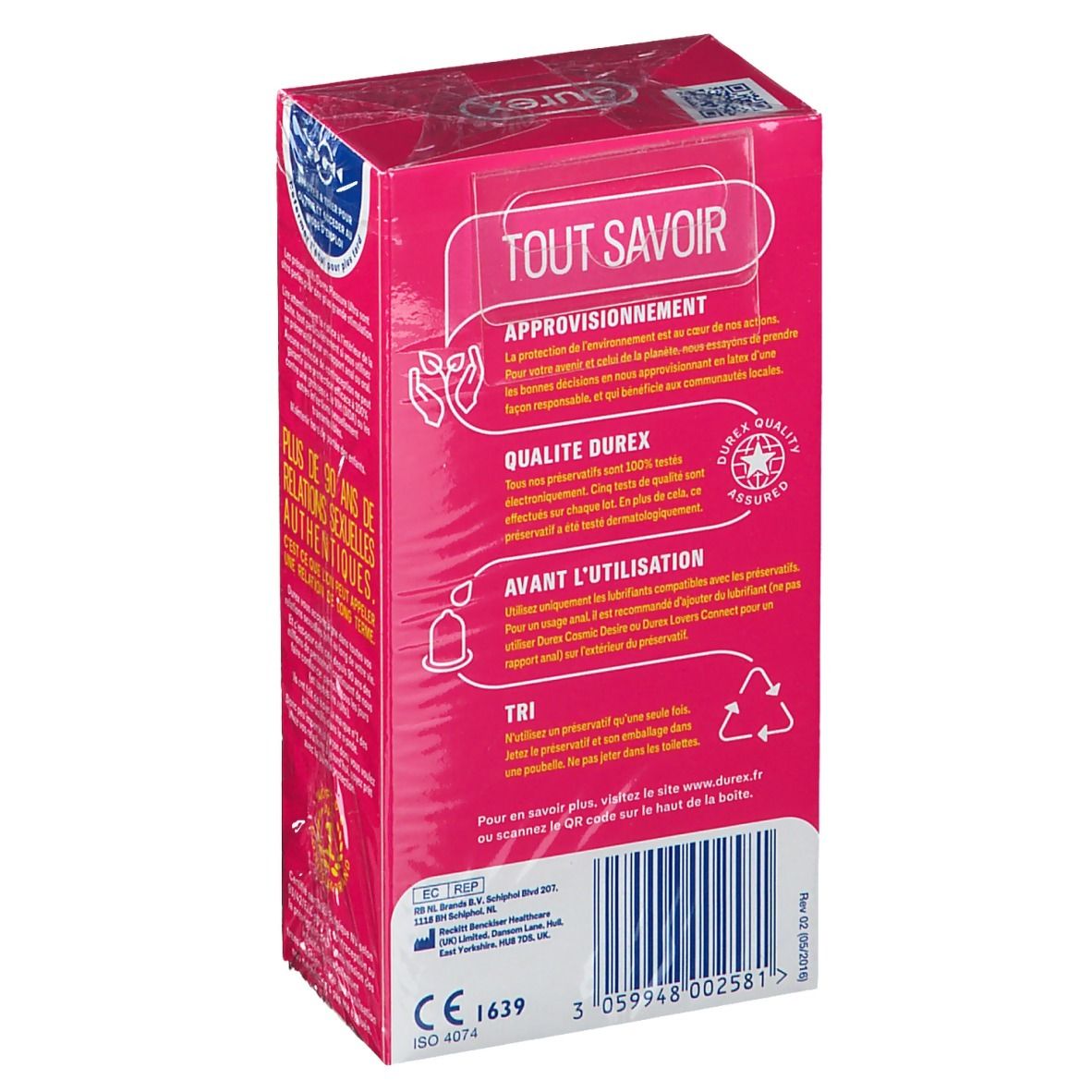Dos de la boîte rose "durex Pleasure Ultra". Textes sur la qualité, l'utilisation et le recyclage.