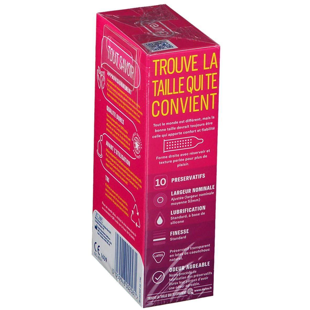 Vue latérale de la boîte rose "durex Pleasure Ultra". Texte sur la taille, 10 préservatifs, détails.