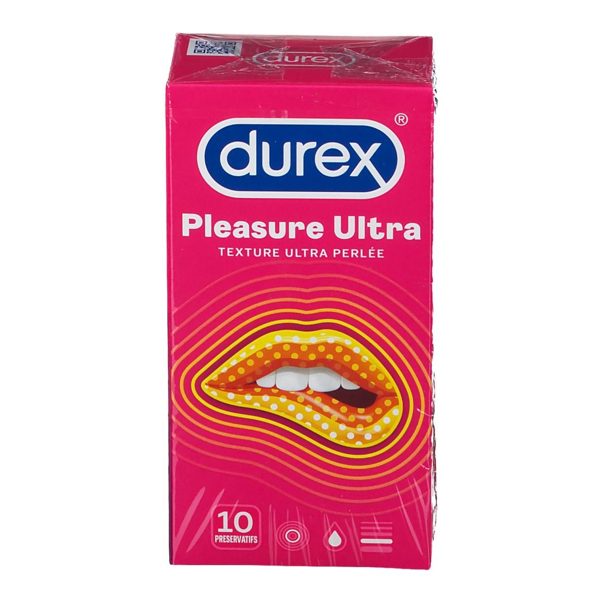 Boîte rose "durex Pleasure Ultra". Illustration de lèvres avec motif perlé. Contient 10 préservatifs.