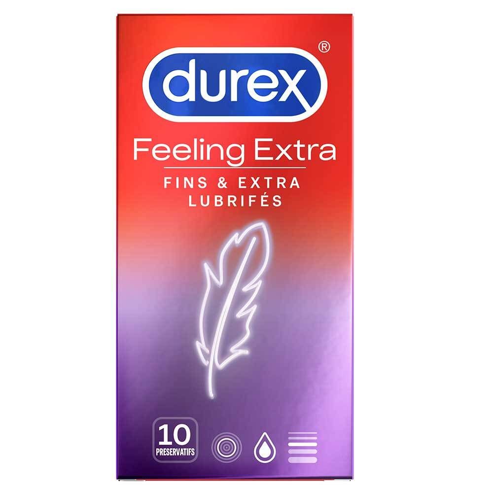 Boîte de préservatifs Durex Feeling Extra. 10 préservatifs. Emballage rouge et violet avec illustration de plume.