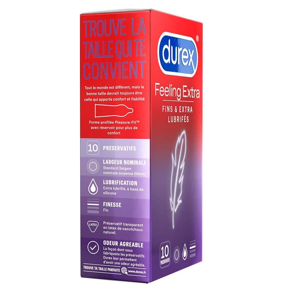 Boîte Durex Feeling Extra. 10 préservatifs. Emballage rouge et violet. Informations produit et illustration de plume.