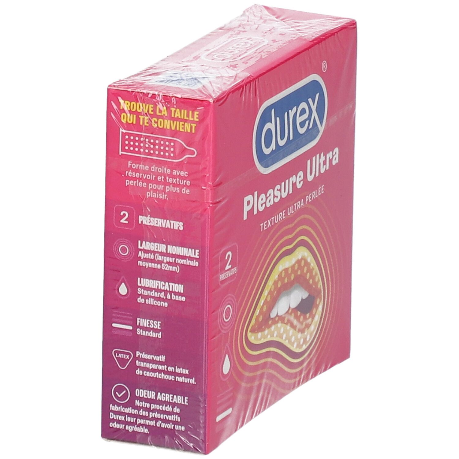 Boîte rose "durex Pleasure Ultra", 2 préservatifs. Informations produit et texte. Illustration bouche avec texture perlée.