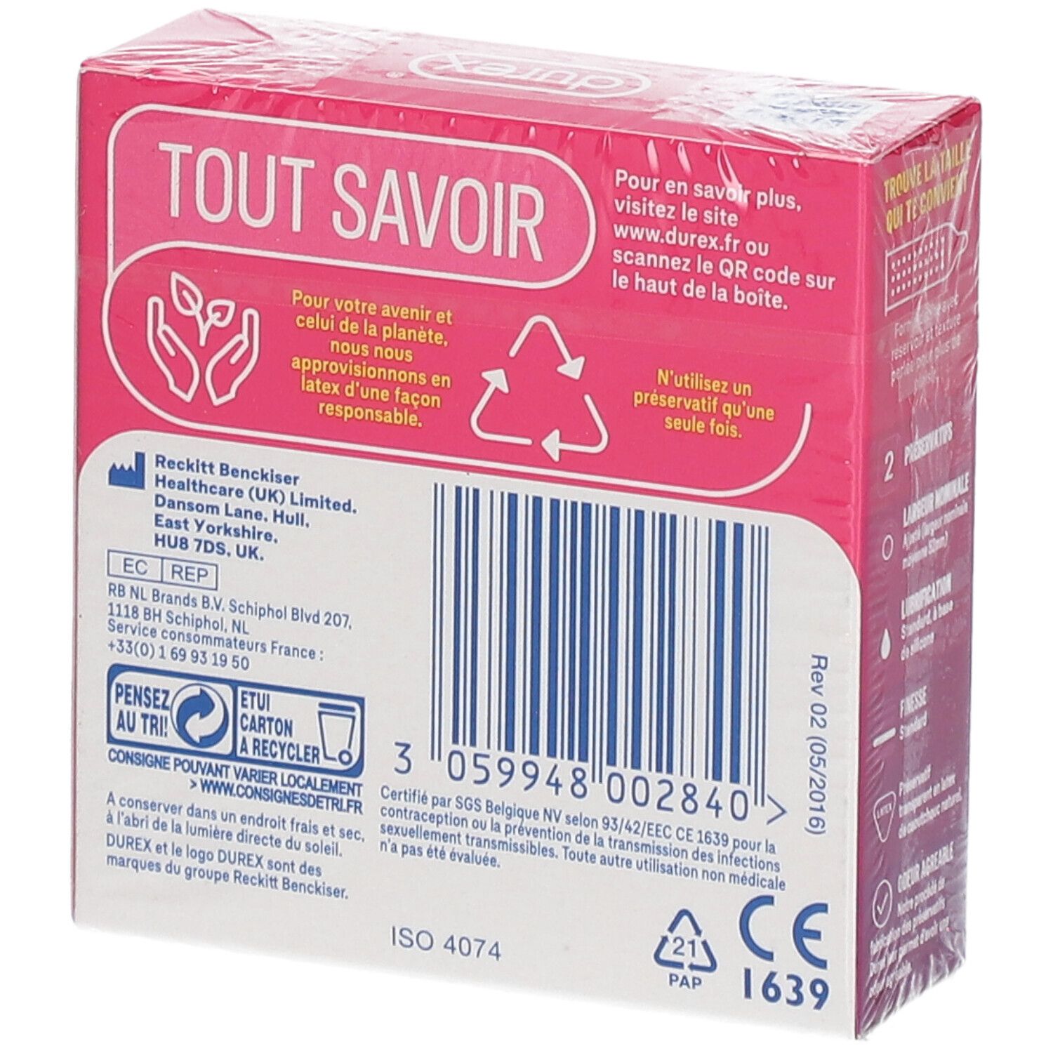 Dos de la boîte rose "durex Pleasure Ultra". Informations textuelles, code-barres, symboles de recyclage et adresse du fabricant.