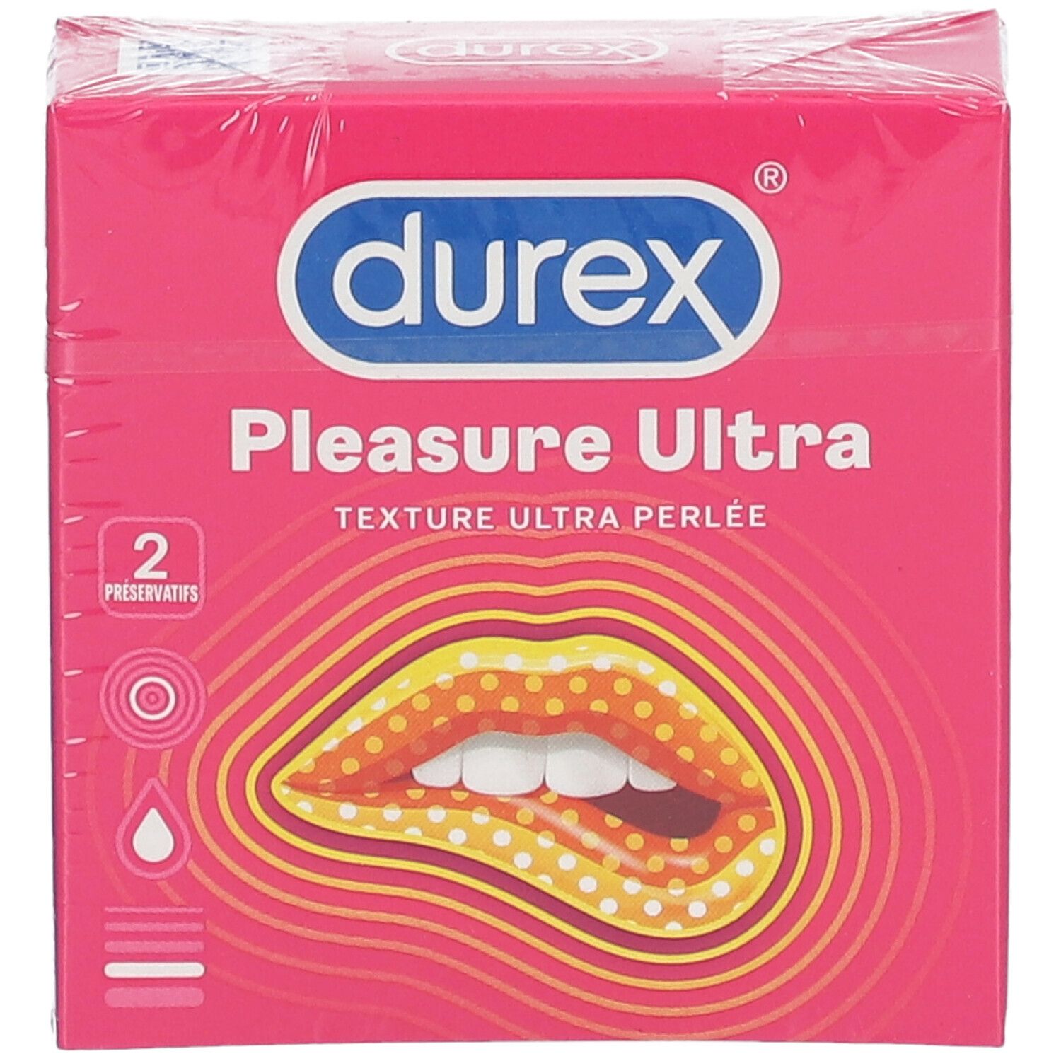 Boîte rose "durex Pleasure Ultra" avec 2 préservatifs. Illustration d'une bouche avec texture perlée. Emballage scellé.