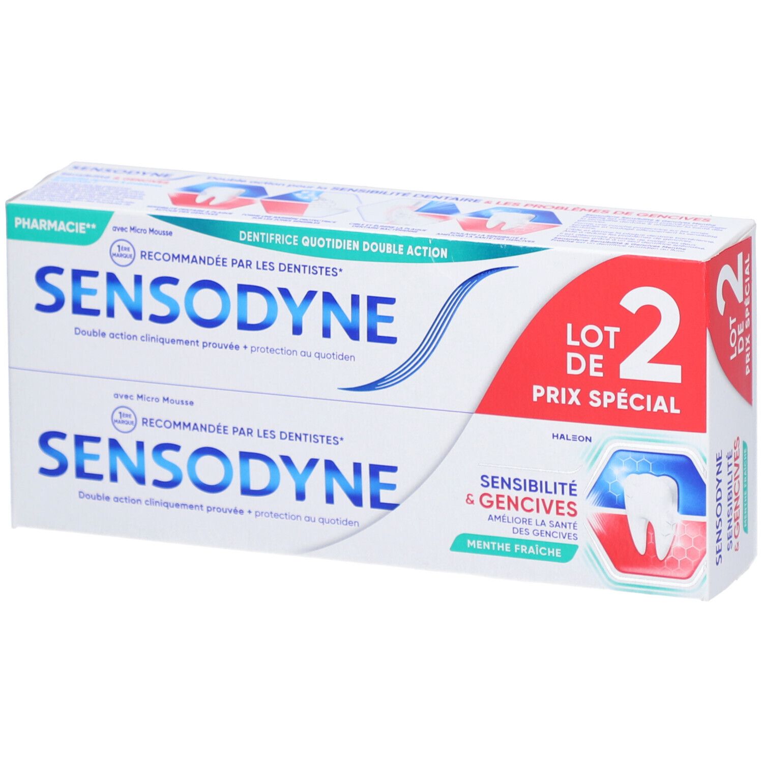 Boîte de deux tubes de dentifrice SENSODYNE Sensibilité & Gencives. Double action, recommandé par les dentistes. Offre spéciale.