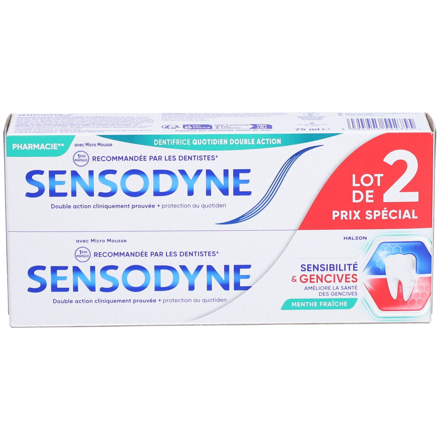 Boîte de deux tubes de dentifrice SENSODYNE Sensibilité & Gencives. Double action, recommandé par les dentistes. Offre spéciale.