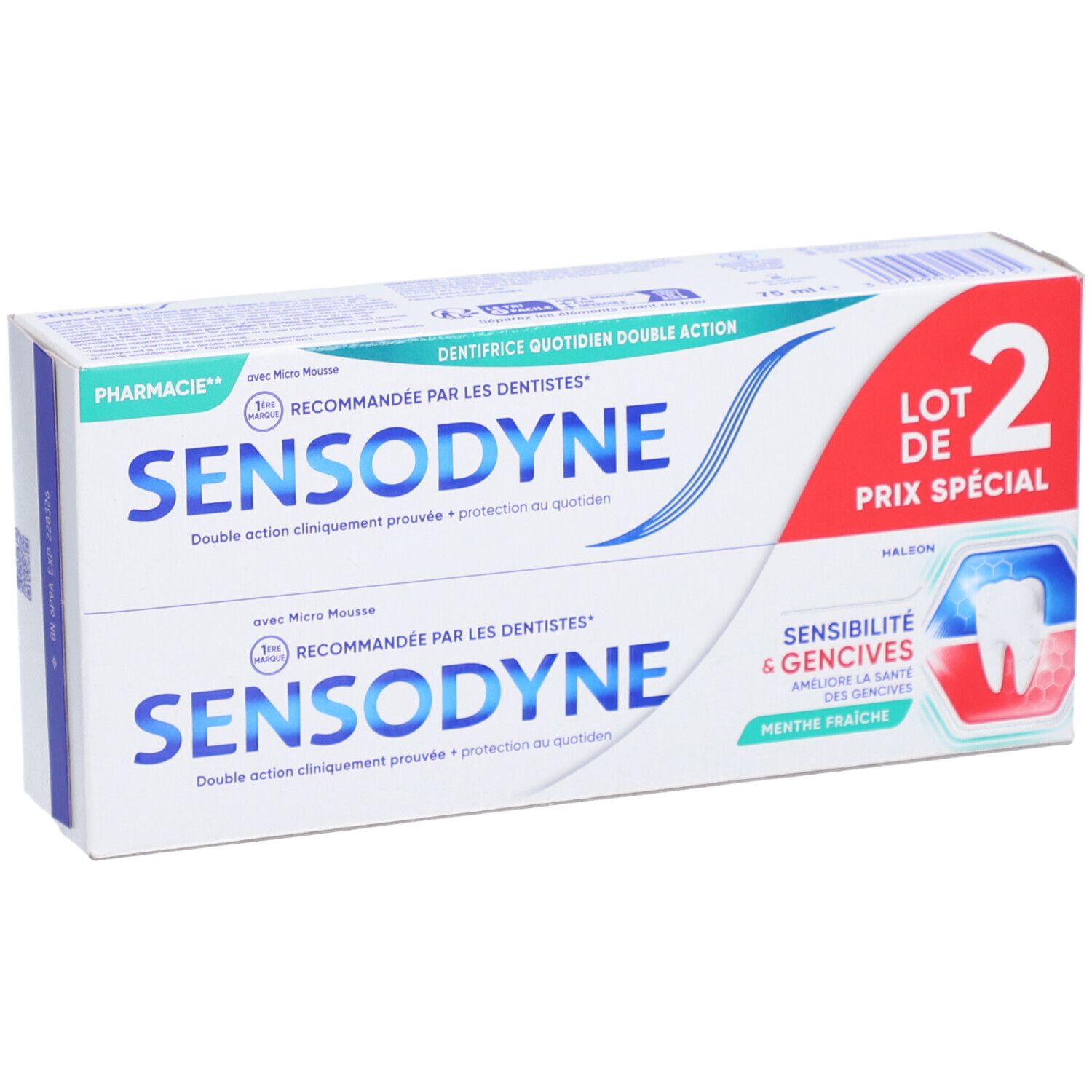 Boîte de deux tubes de dentifrice SENSODYNE Sensibilité & Gencives. Double action, recommandé par les dentistes. Offre spéciale.