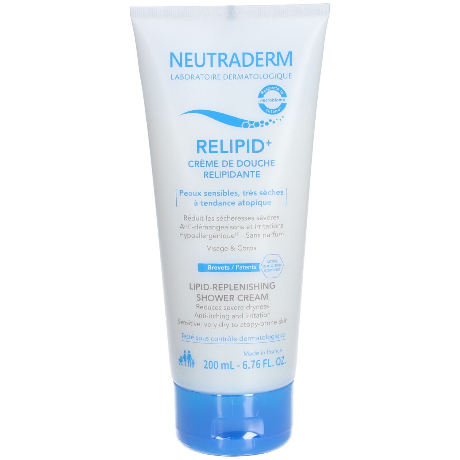 Tube blanc Neutraderm Relipid+ Crème de douche relipidante. Bouchon bleu. Texte et logo sur le devant.