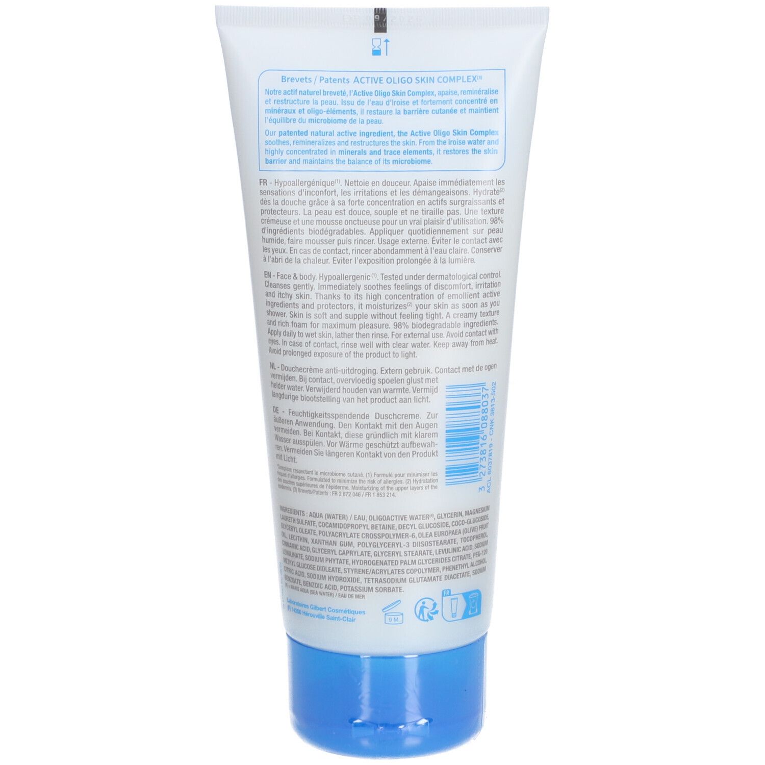 Dos du tube Neutraderm Relipid+ Crème de douche relipidante. Texte multilingue, bouchon bleu.