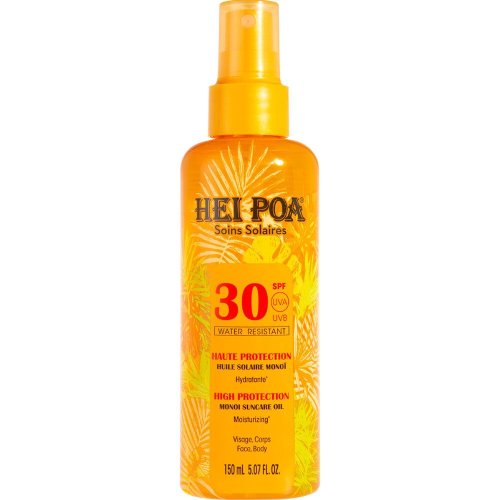 Flacon spray d'huile solaire. HEI POA, SPF 30, résistant à l'eau. Flacon orange avec tête de pulvérisation jaune. Texte: Haute Protection.