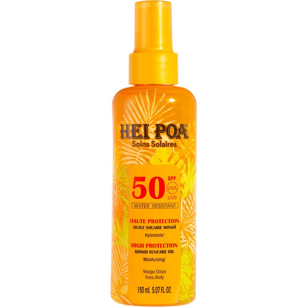Flacon spray d'huile solaire avec tête jaune. Inscription: HEI POA, SPF 50, Parfum Monoi Tiare. Résistant à l'eau.