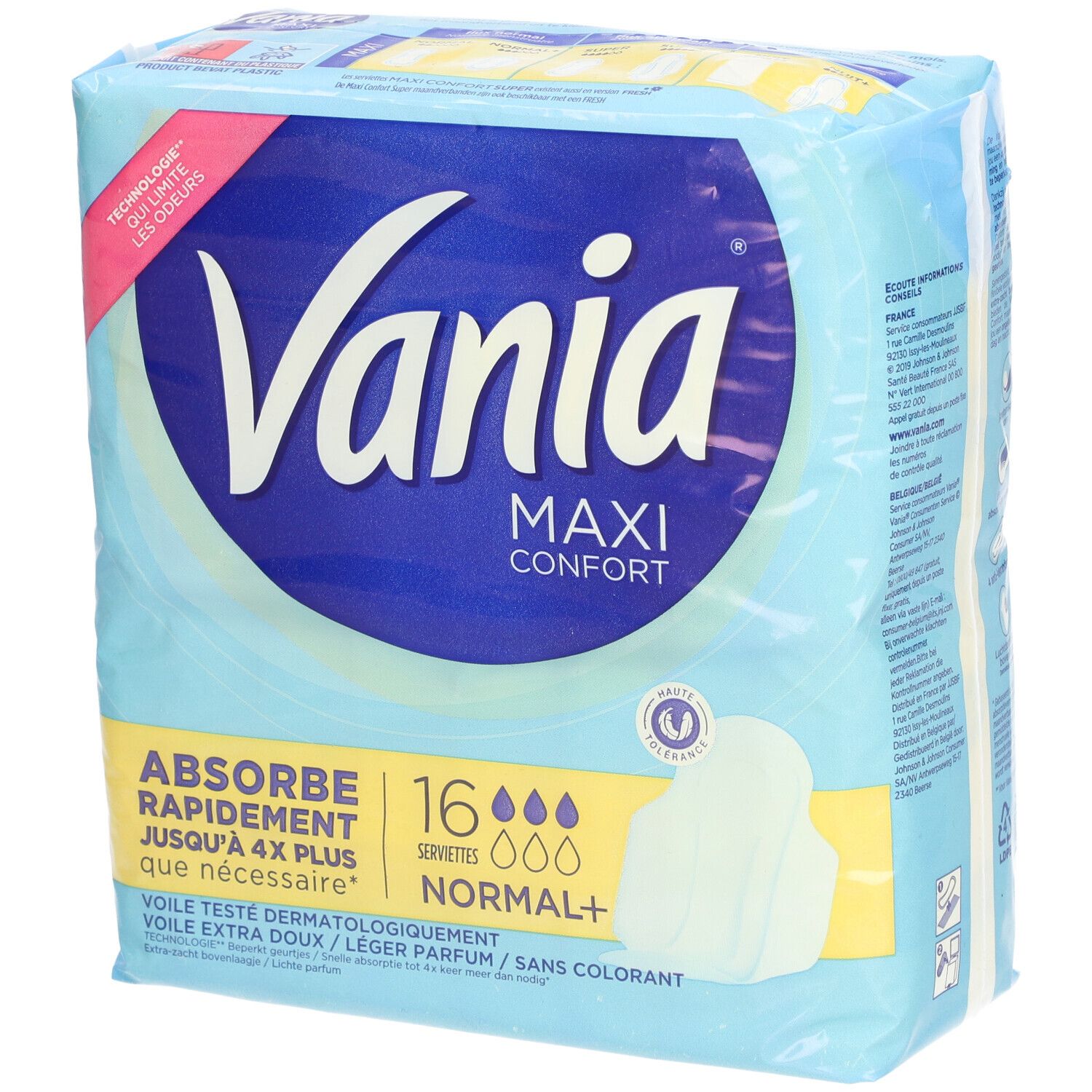 Verpackung von Vania Maxi Confort Serviettes Normal+. 16 Stück. Hellblaue Verpackung mit Produktlogo und Text.