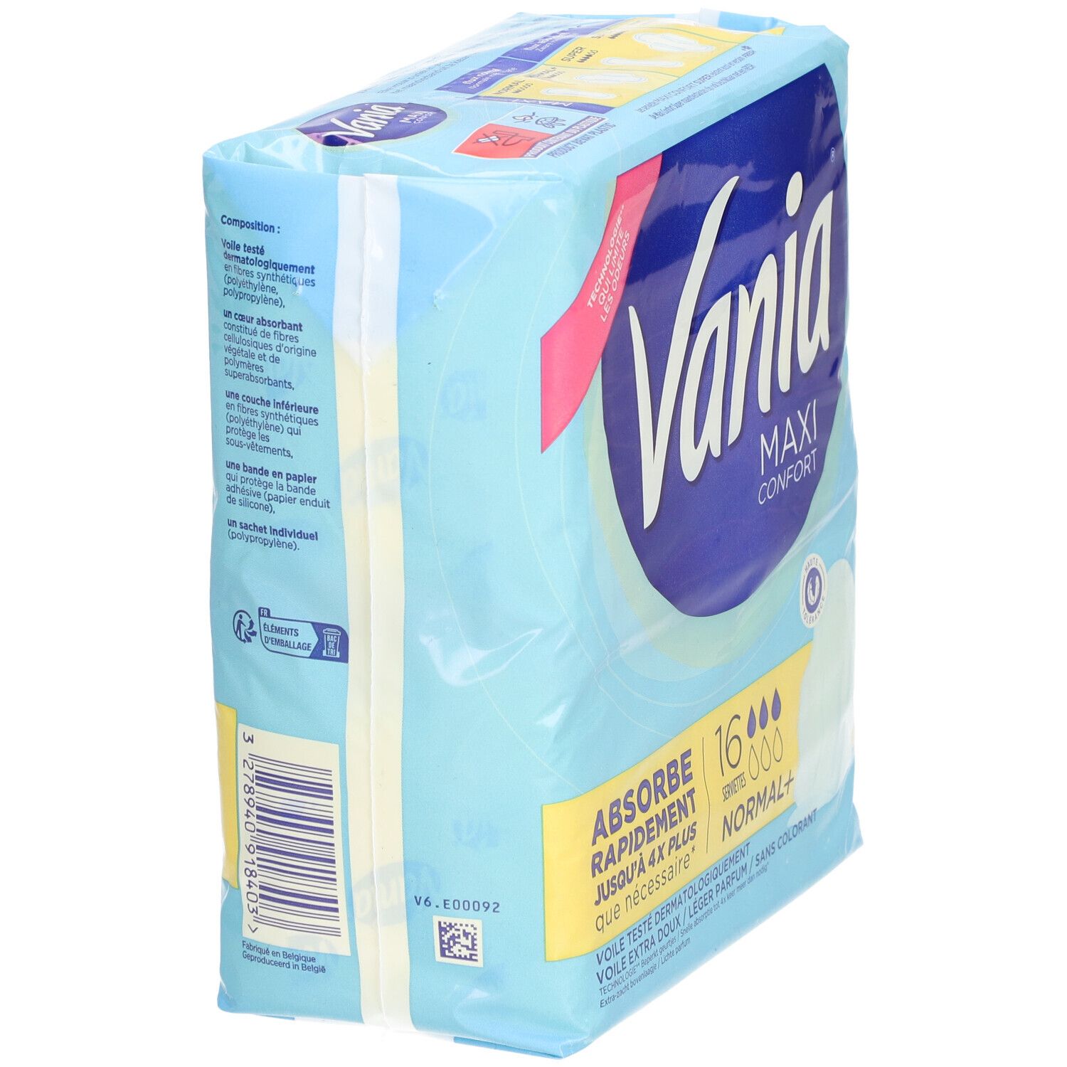 Verpackung von Vania Maxi Confort Serviettes Normal+. Seitenansicht. Hellblaue Verpackung mit Produktlogo und Text.