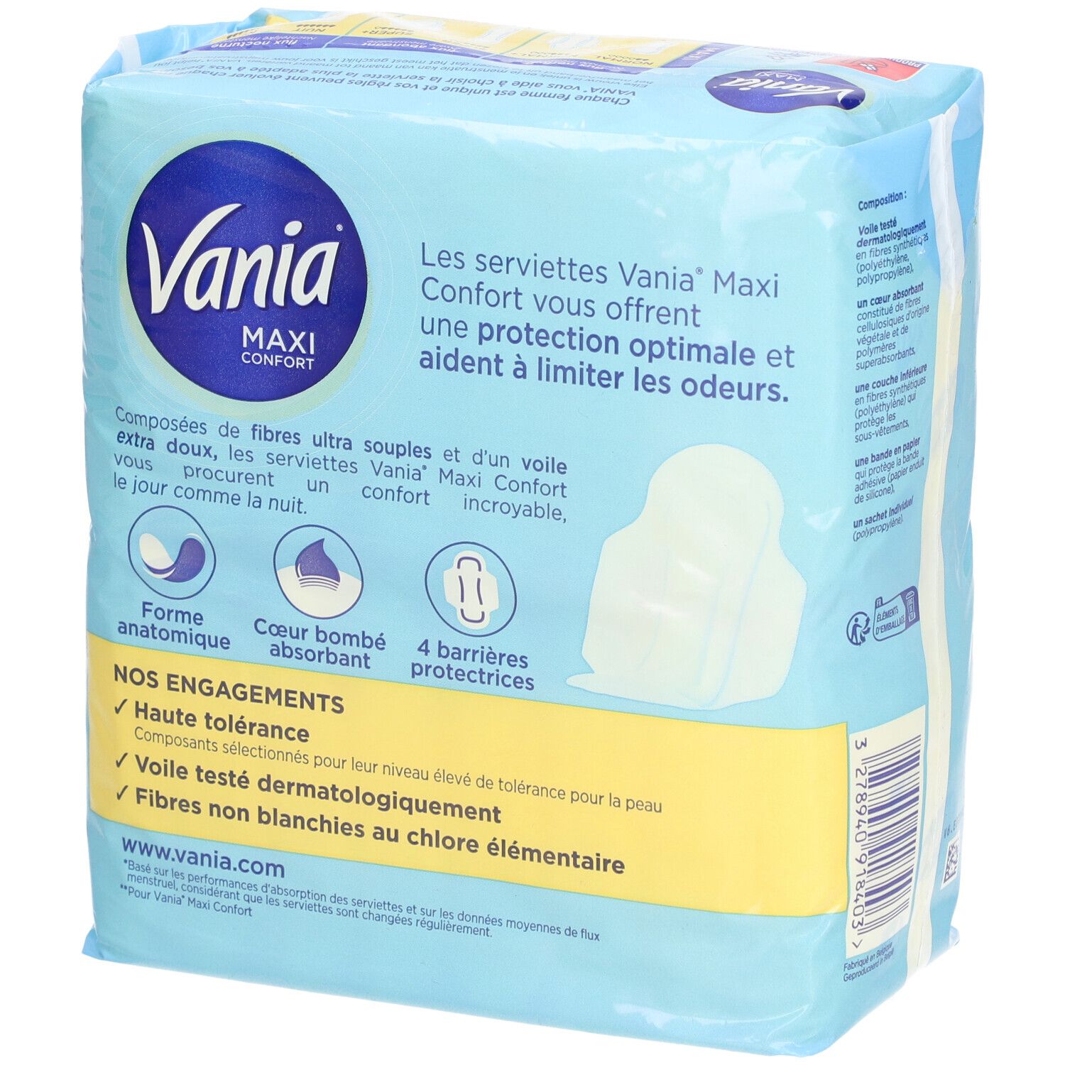Rückseite der Vania Maxi Confort Serviettes Normal+ Verpackung. Hellblau mit Produktinformationen und Logo.