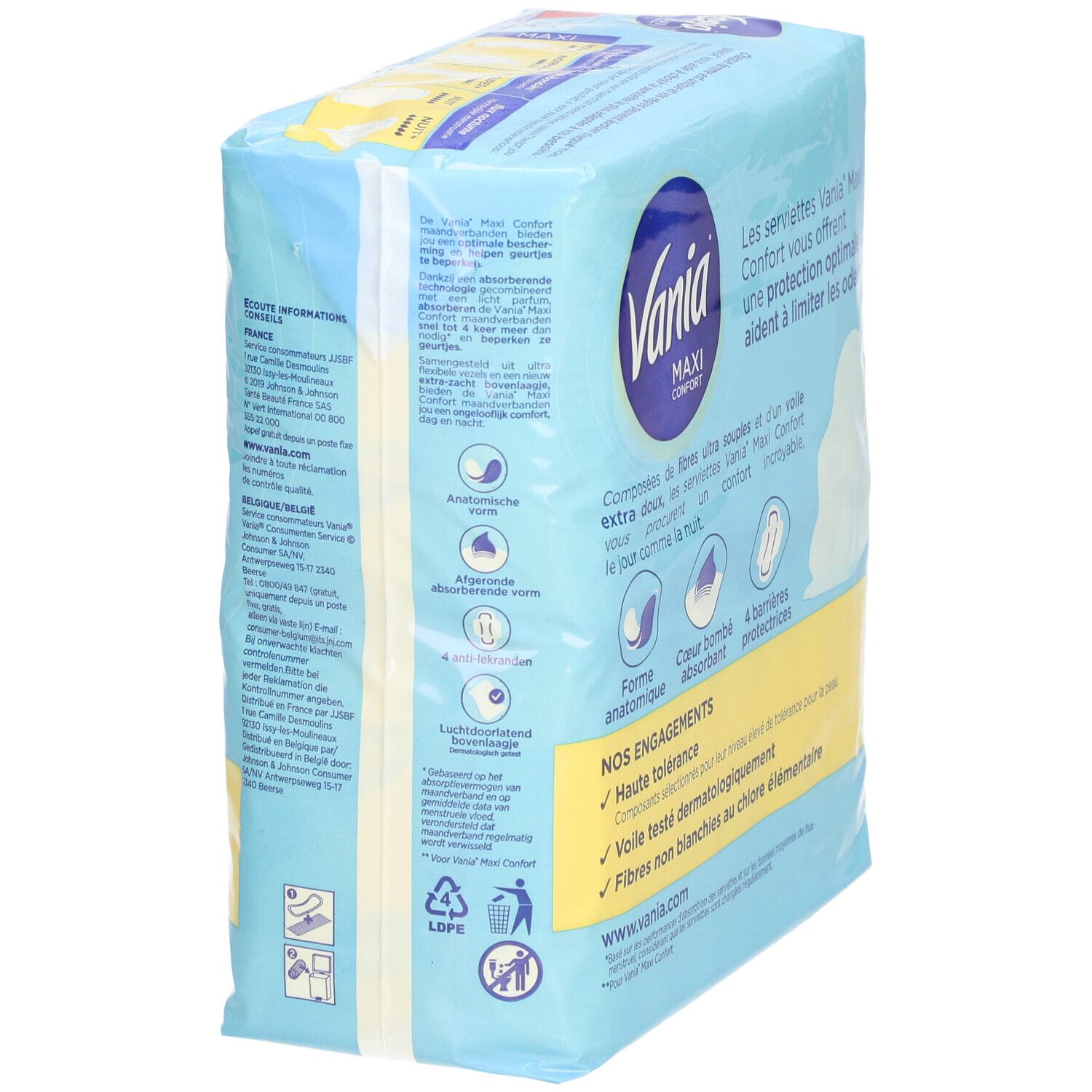 Rückseite der Vania Maxi Confort Serviettes Normal+ Verpackung. Hellblau mit Produktinformationen und Logo.