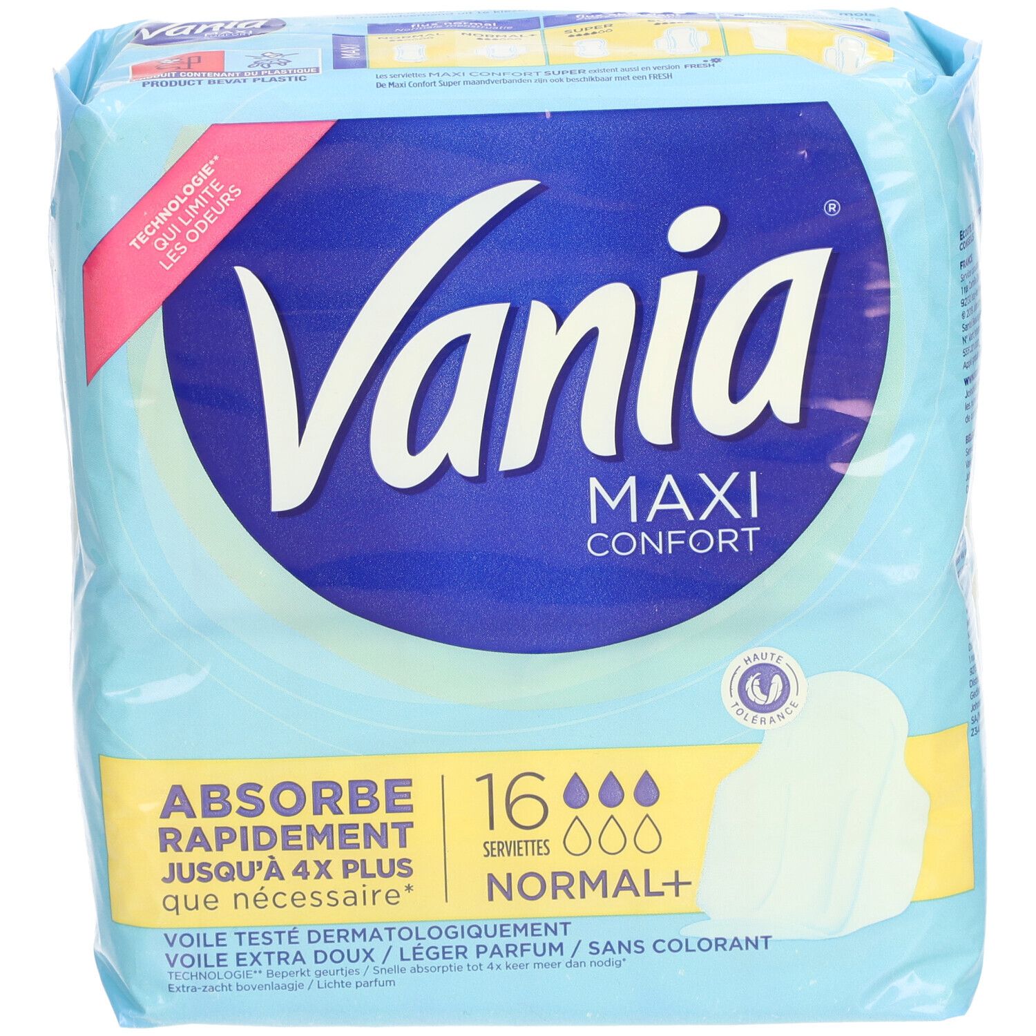 Vania Maxi Confort Serviettes Normal+ Verpackung. Hellblaue Verpackung mit Produktlogo und Text.