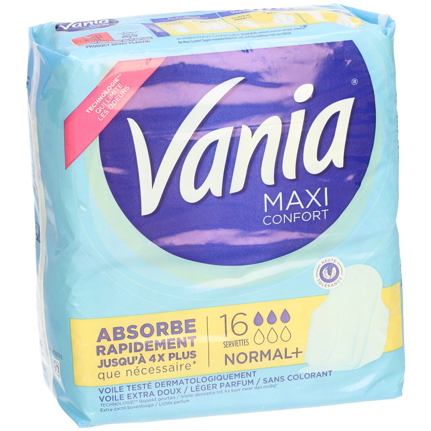 Vania Maxi Confort Serviettes Normal+ Verpackung. Hellblaue Verpackung mit Produktlogo und Text.