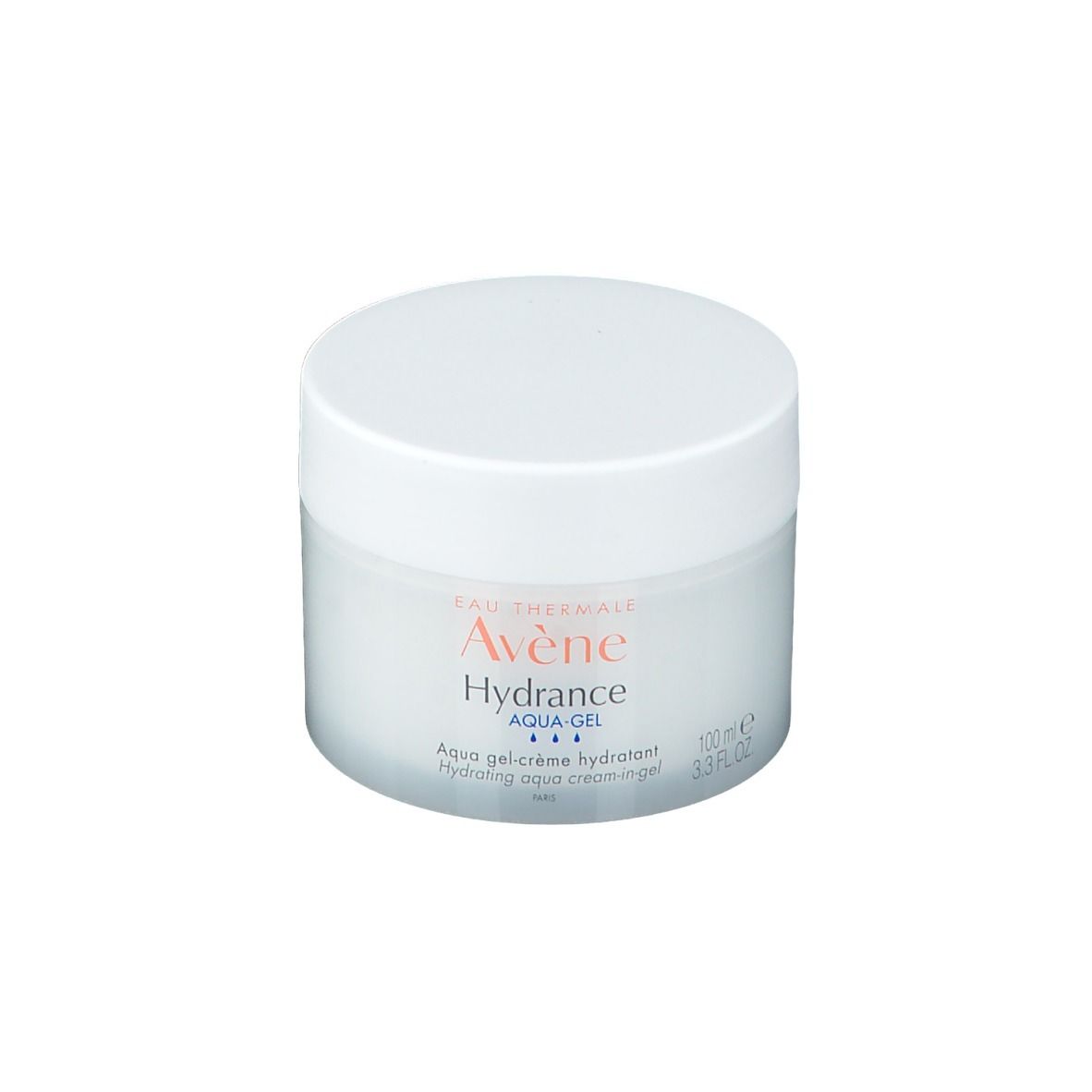 Pot rond blanc avec couvercle. Inscription : Avène Hydrance Aqua-Gel. Contenance : 100 ml.