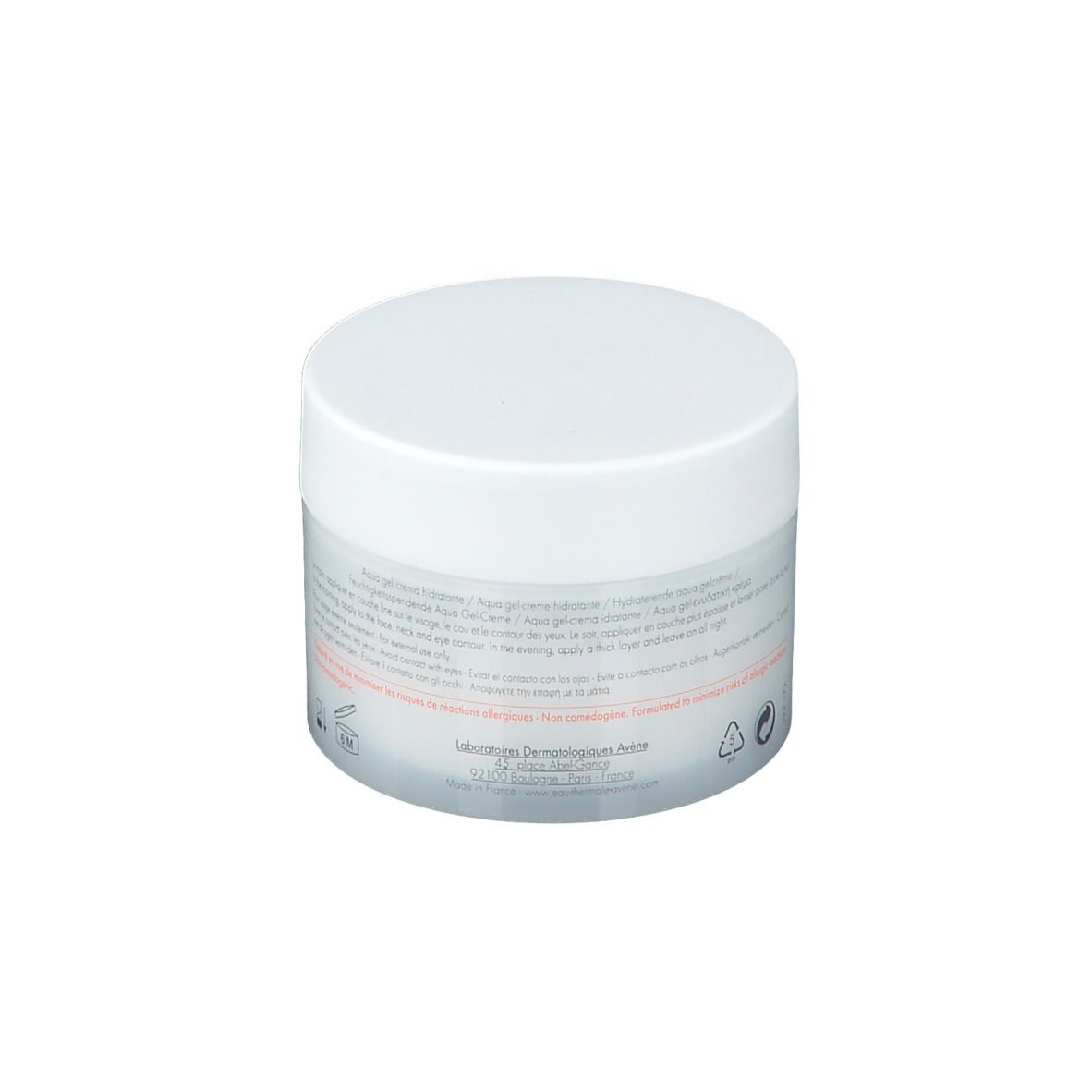 Pot blanc avec couvercle. Texte au dos. Contenance : 100 ml.
