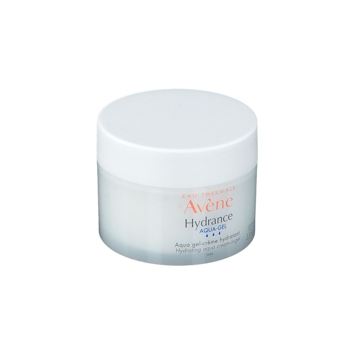 Pot rond blanc avec couvercle. Inscription : Avène Hydrance Aqua-Gel. Contenance : 100 ml.