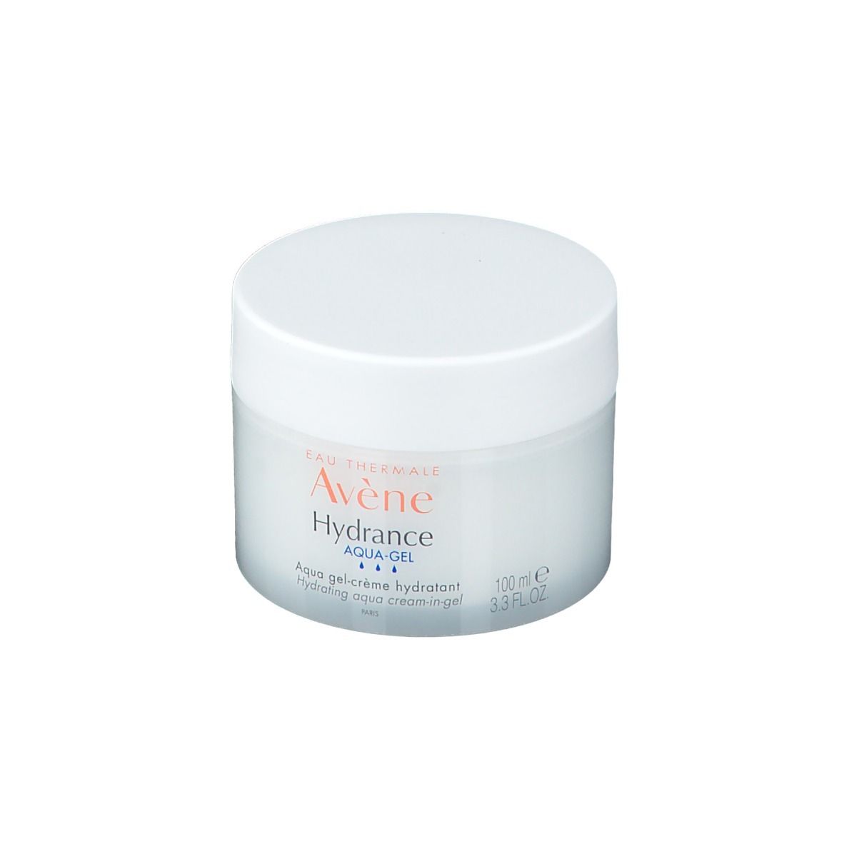 Pot rond blanc avec couvercle. Inscription : Avène Hydrance Aqua-Gel. Contenance : 100 ml.